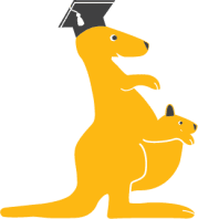 Longfellow kangaroo mascot carrying a joey